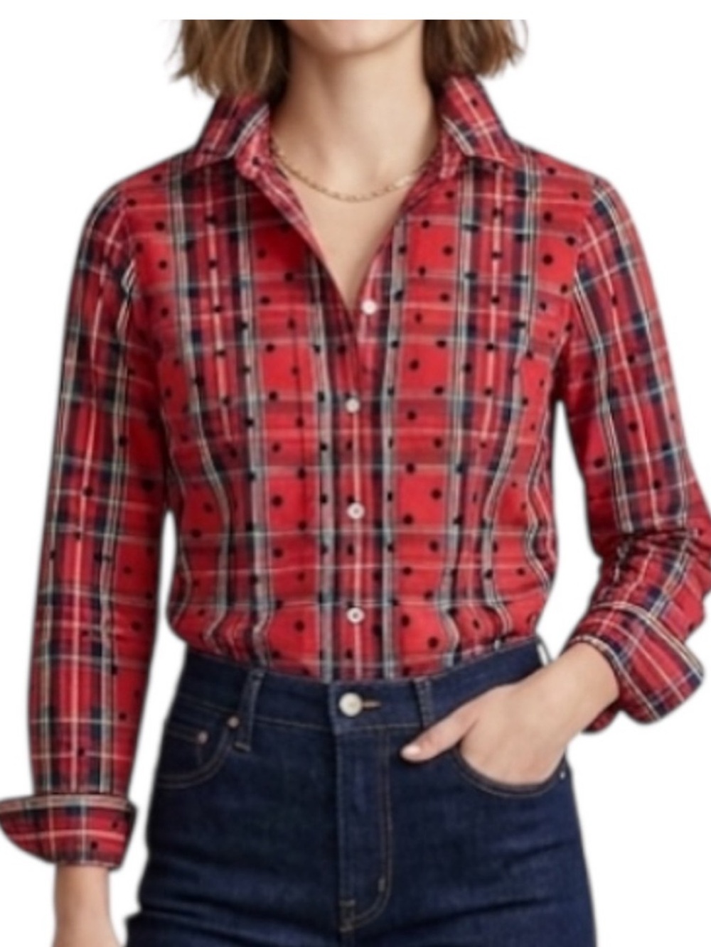 J. Crew Red Tartan Plaid Polka Dot Buttondown